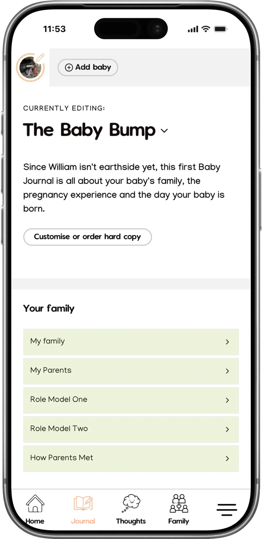 Makia Pregnancy Journal app home screen