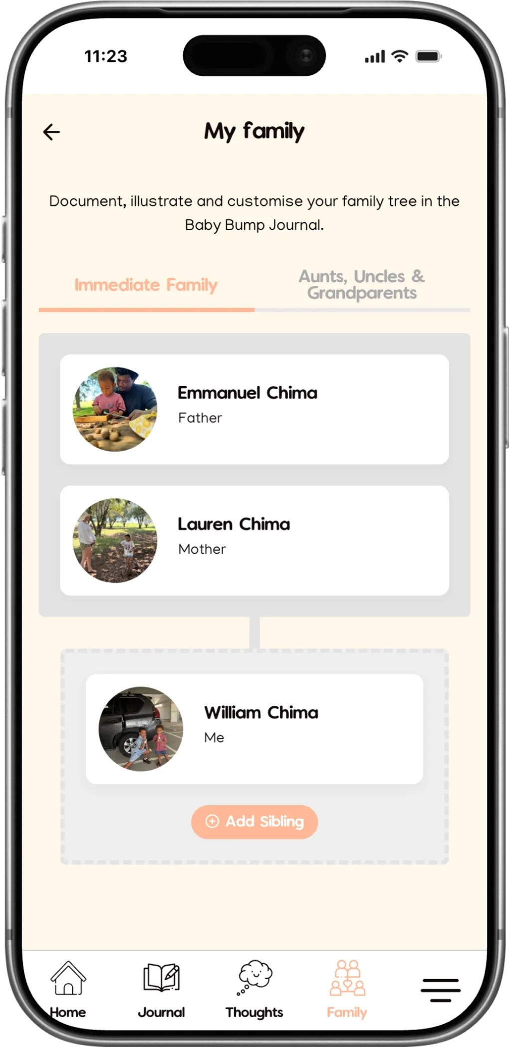 Makia Baby Bump Journal family tree screen