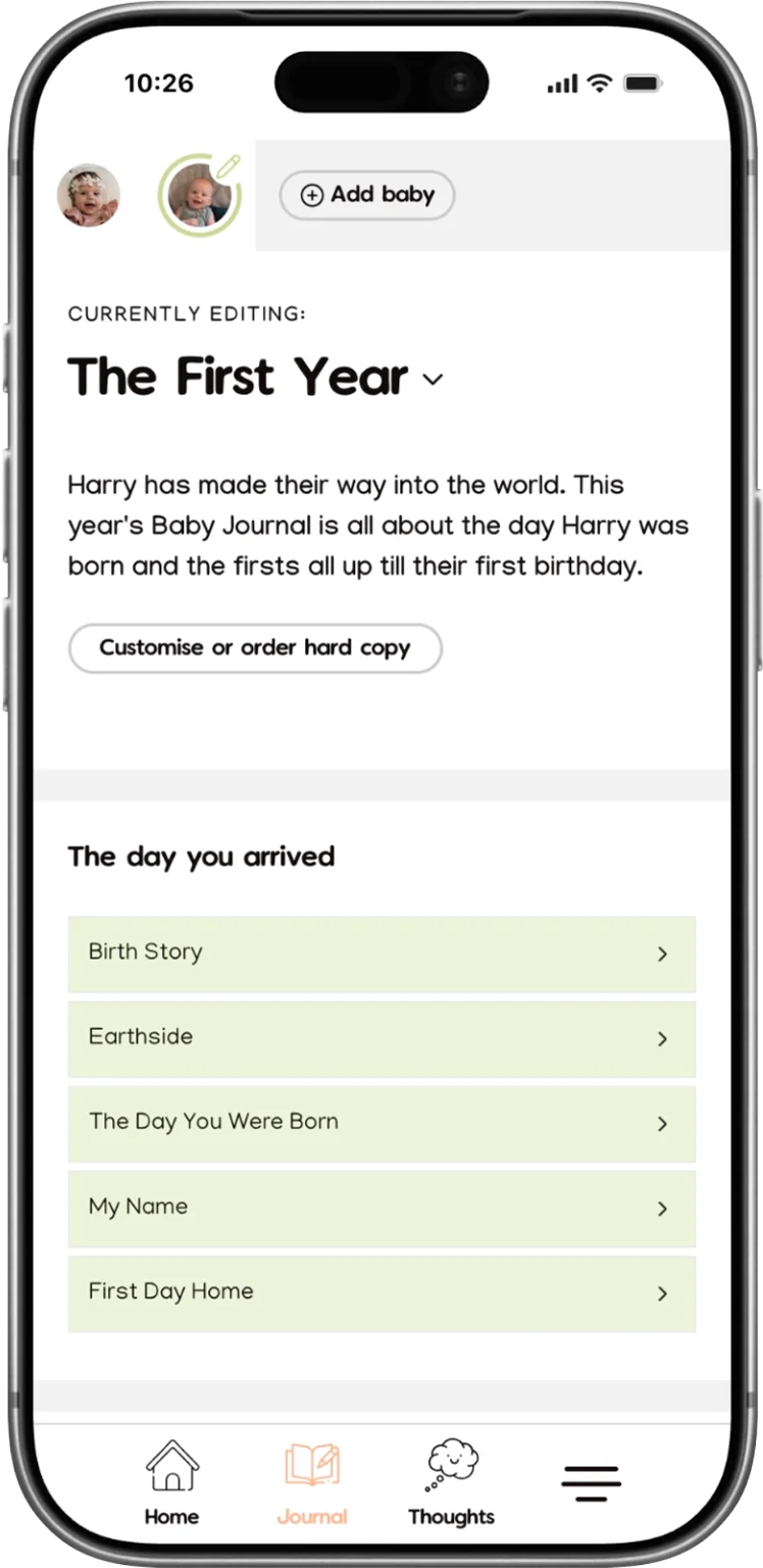 Makia First Year Journal app home screen