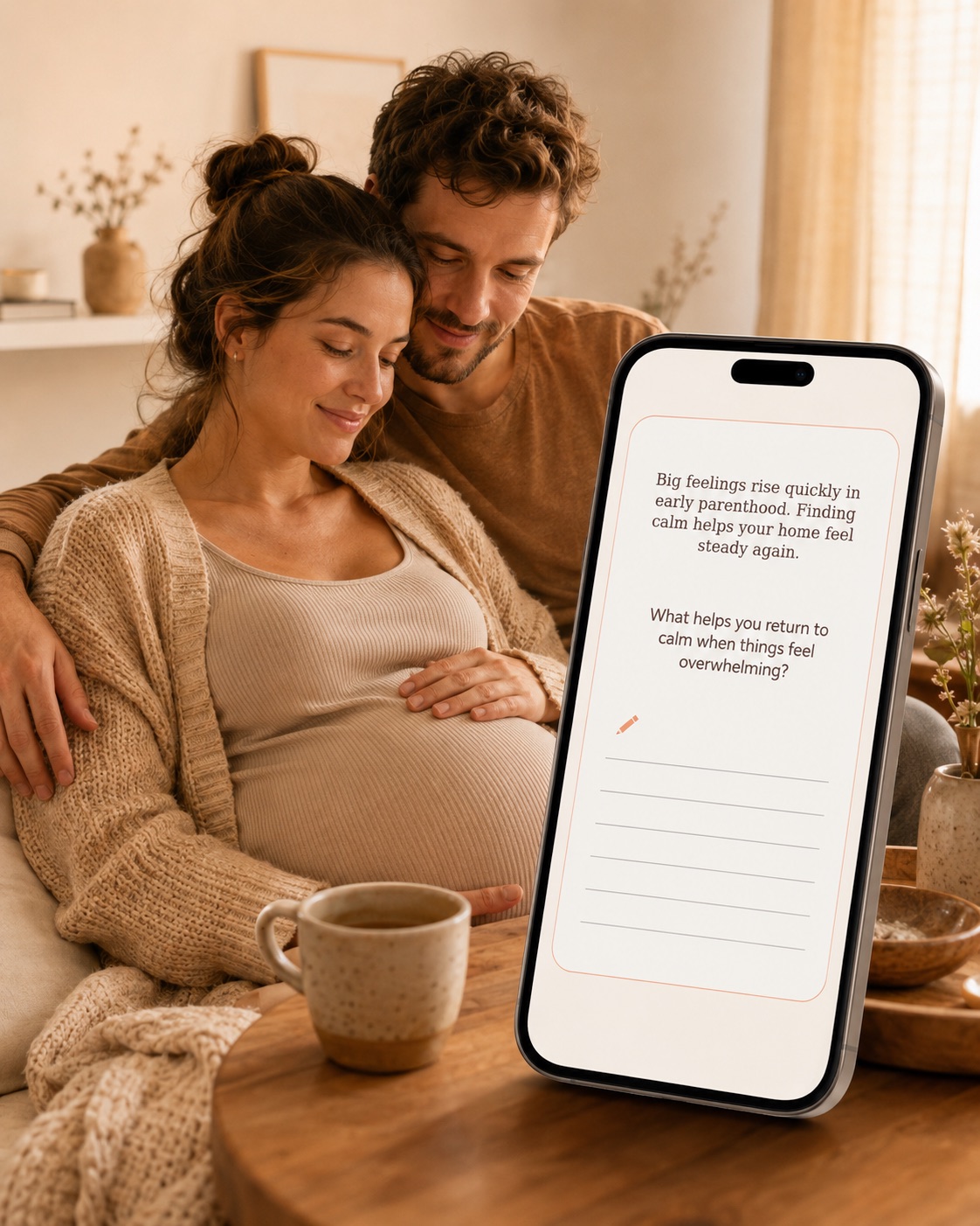 An expecting couple resting together at home, reading a Makia Deck reflection card on a phone